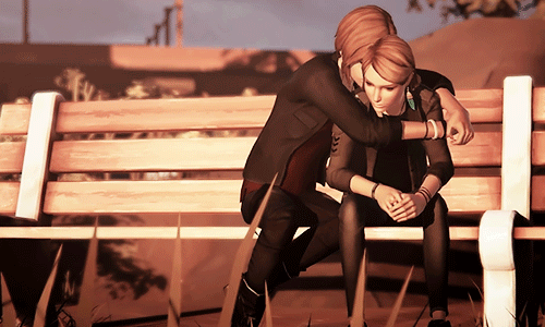 Chloe & Rachel bench hug